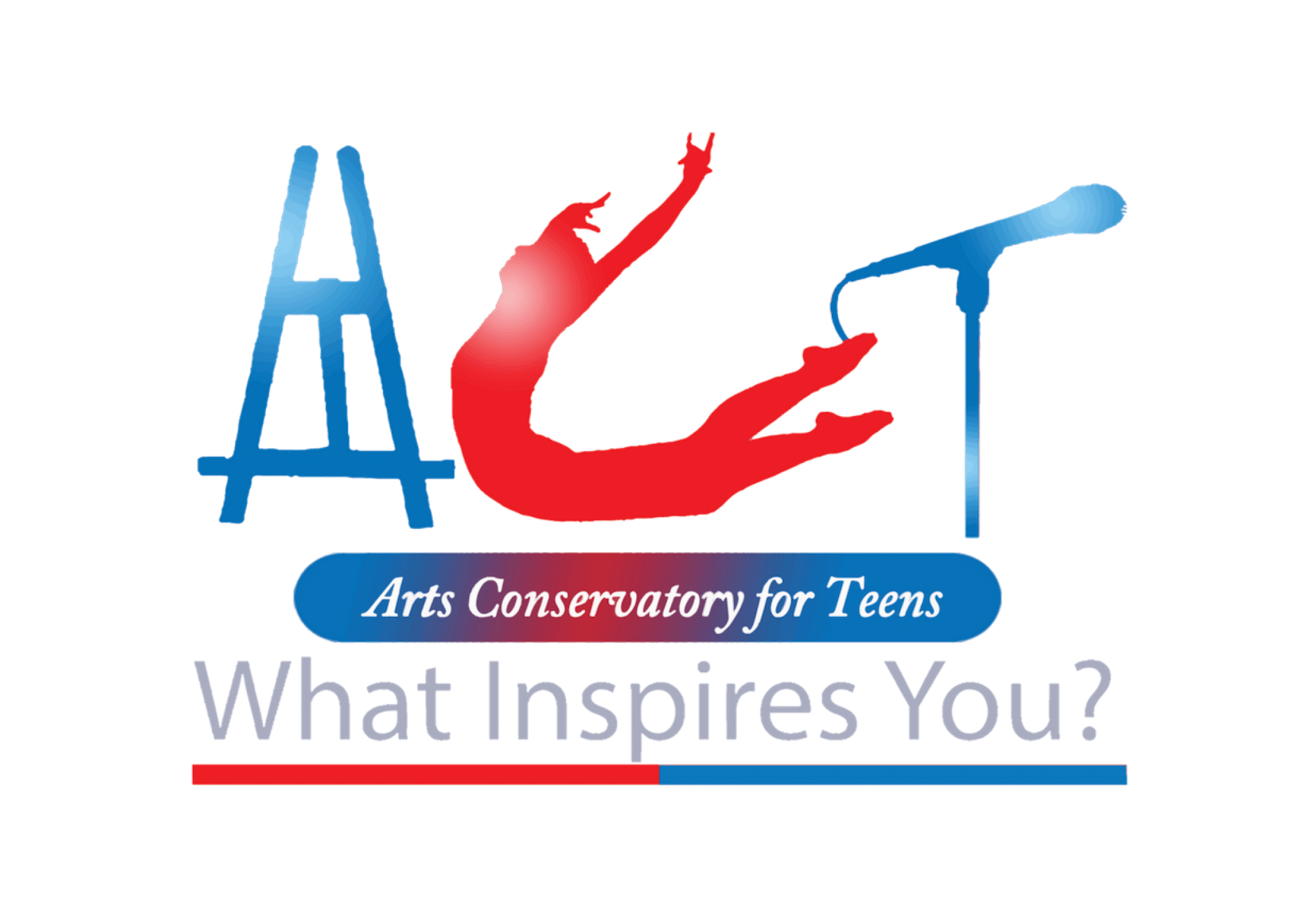 Logo of the Arts Conservatory for Teens featuring the letters ACT, a dancer, a microphone, and the phrase "What Inspires You?," highlighting community impact.