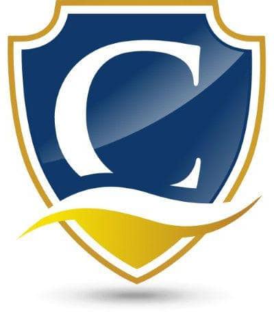A blue and gold shield with a large white letter "C" and a curved yellow stripe at the bottom, resembling a crest or logo. This description captures the essence of an emblem that's both striking and symbolic.