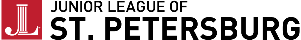 Logo of Junior League of St. Petersburg featuring a red square with a white column and figure, symbolizing community impact, and black text to the right.