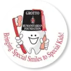Logo of Grotto Humanitarian Foundation featuring a smiling tooth character holding a toothbrush and toothpaste, encircled by the text "Bringing Special Smiles to Special Kids!" celebrating their community impact.