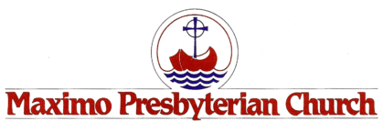 Logo of Maximo Presbyterian Church featuring a cross and boat above waves, symbolizing its community impact, with the church name below in red text.