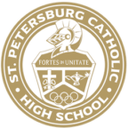 The St. Petersburg Catholic High School logo, featuring a knight's helmet and shield, proudly displays the Latin motto "Fortes in Unitate" in gold and white, symbolizing the school's enduring commitment to community impact.