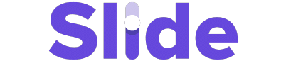 The image creatively represents the word "Slide" in bold purple letters, with a stylized letter "i" featuring a vertical slider, embodying how companies present dynamic content.