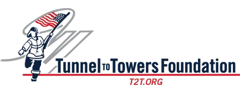 The logo of the Tunnel to Towers Foundation features a firefighter silhouette carrying an American flag, symbolizing profound community impact and service.