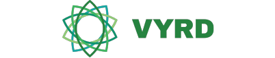 Logo for companies, featuring interlocking geometric shapes in shades of blue and green, representing synergy next to the text "VYRD" in vibrant green letters.