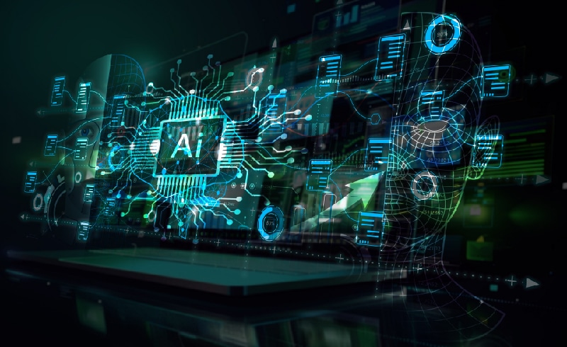Futuristic digital illustration of AI technology with virtual circuit board and glowing binary data streams.
