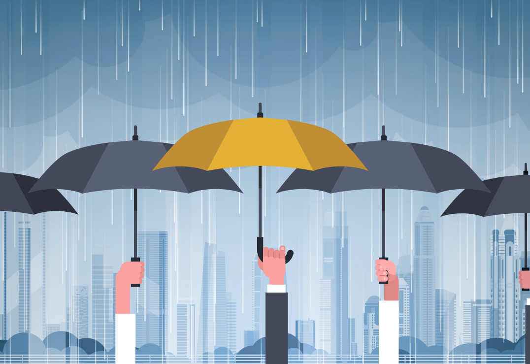 Several hands hold umbrellas in the rain above a cityscape; one yellow umbrella stands out among black ones, highlighting how insurance can help Florida businesses manage risk during hurricane season.