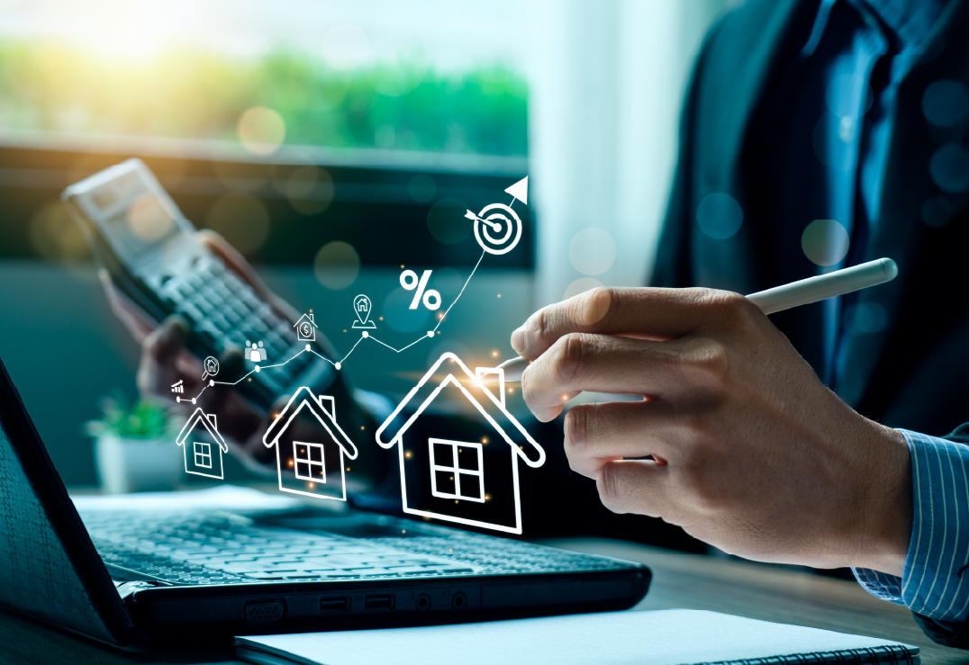 A person uses a calculator and stylus near a laptop, with digital real estate and financial icons superimposed, symbolizing analysis of property investment and the market impact of Florida property insurance reform.