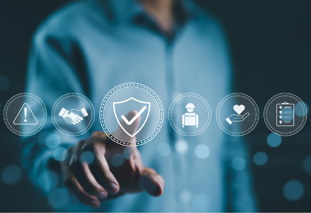 A person in a blue shirt touches a virtual screen with icons representing safety, agreement, security, worker, care, checklist, and choosing the right insurance for their needs.