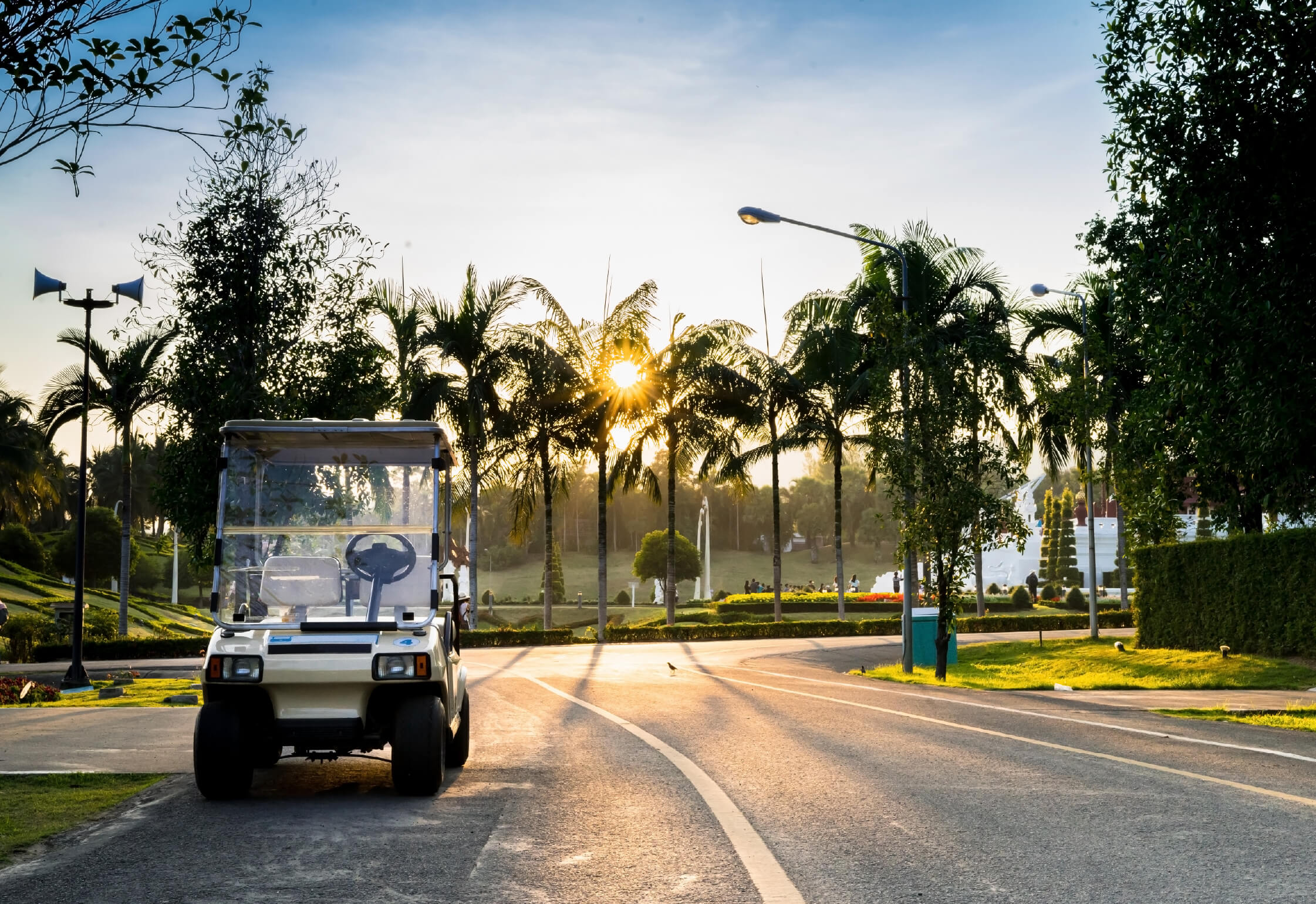 A golf cart, for Florida Residents seeking Golf Cart Insurance, is parked on a paved road lined with palm trees at sunrise, with clear skies and landscaped greenery in the background.Representing Golf Cart Insurance Florida