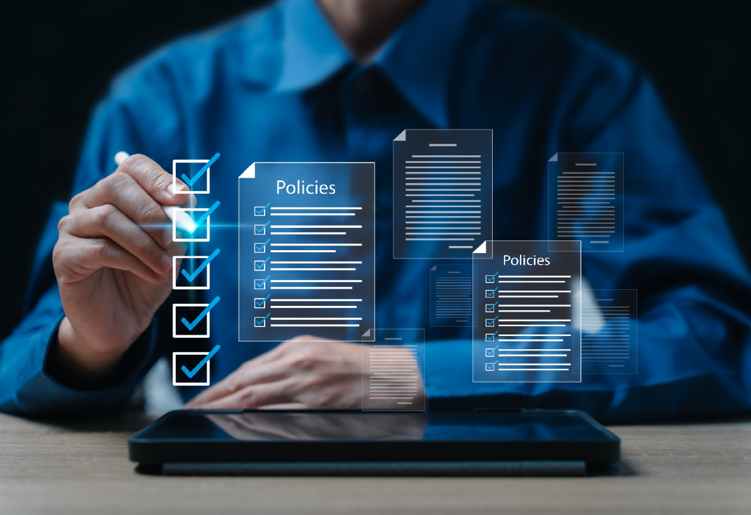 A person uses a stylus with a tablet, surrounded by virtual checklists and floating documents labeled "Policies" and "Insurance Reviee," suggesting streamlined digital policy management.