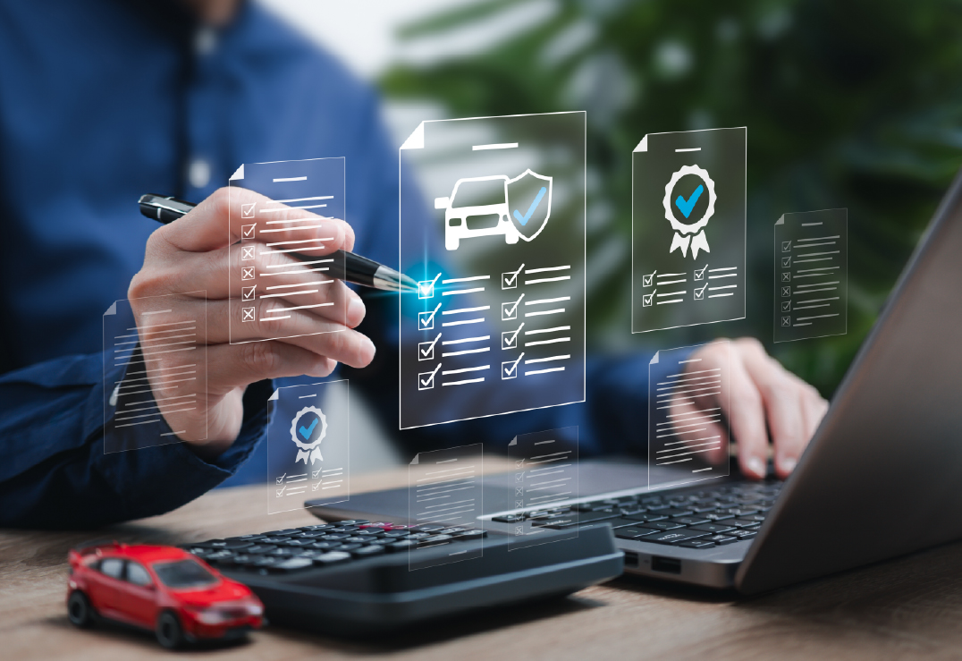 A person uses a laptop and calculates beside a toy car, with digital icons of auto insurance, checklists, and cars overlaid.