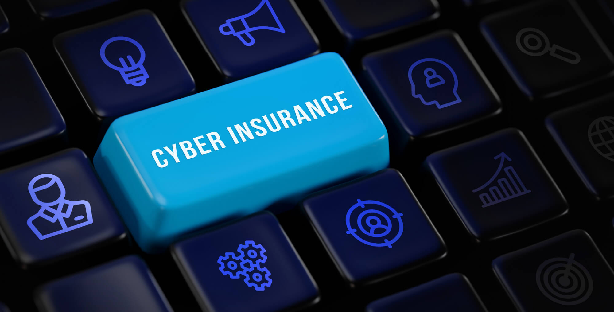 A computer keyboard with a bright blue key labeled "CYBER INSURANCE FLORIDA," surrounded by black keys featuring various technology-related icons.